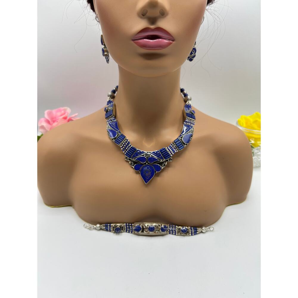 Blue Lapis Tibetan Silver Necklace Bracelet Earring Jewelry Set Handmade